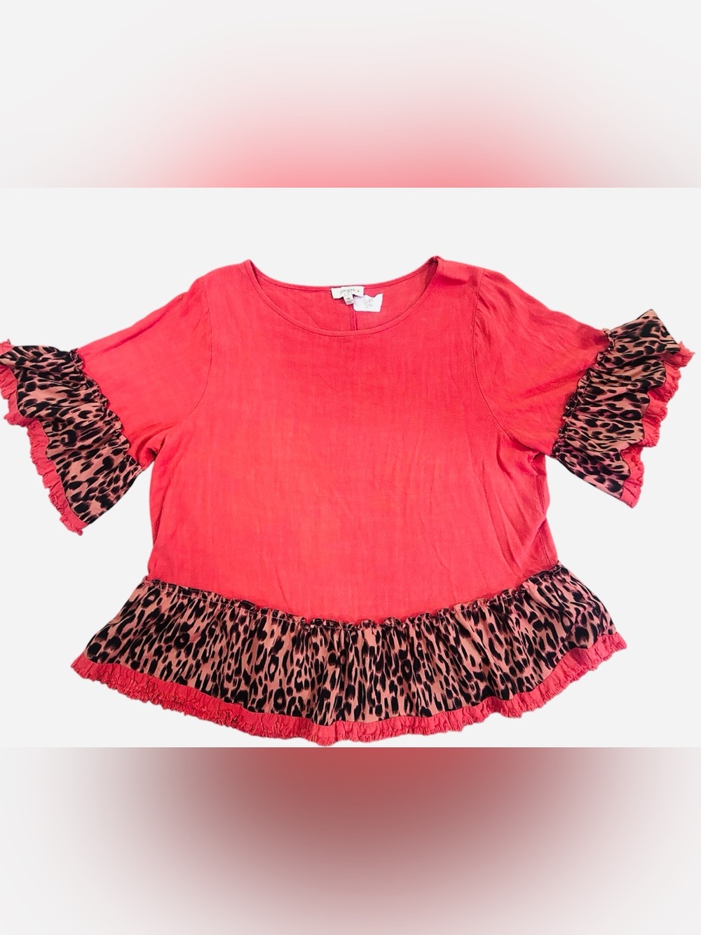 Umgee USA XL Coral terracotta Linen Leopard Ruffle Bell Sleeve Boho Tunic Top
